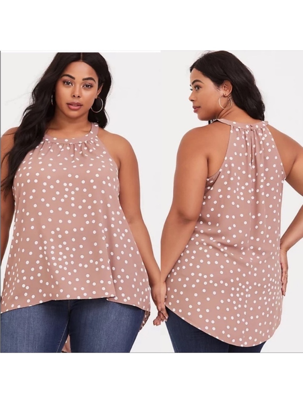 Torrid Polka Dot Georgette Hi-Low Goddess Halter Tank Top - Dusty Rose. Size 4X